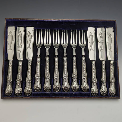 1877 British antique sterling silver cutlery 12 pairs total 1475g Francis Higgins wooden box