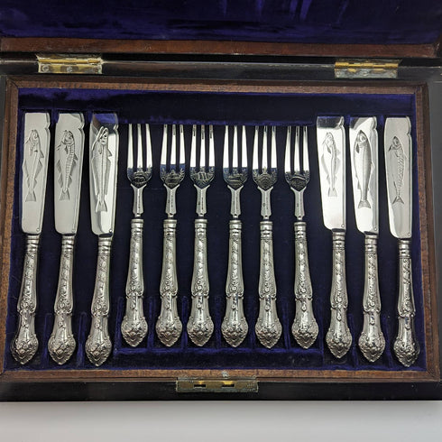 1877 British antique sterling silver cutlery 12 pairs total 1475g Francis Higgins wooden box