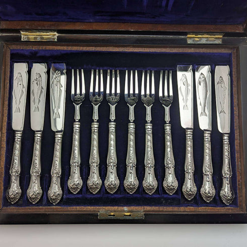 1877年 英国アンティーク 純銀製 カトラリー12ペア 計1475g Francis Higgins 木箱入り