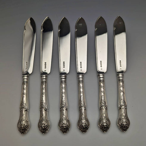 1877 British antique sterling silver cutlery 12 pairs total 1475g Francis Higgins wooden box