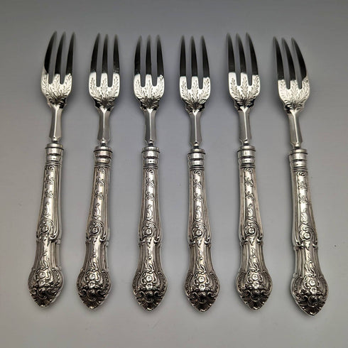 1877 British antique sterling silver cutlery 12 pairs total 1475g Francis Higgins wooden box