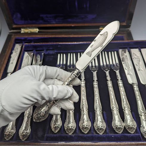 1877 British antique sterling silver cutlery 12 pairs total 1475g Francis Higgins wooden box