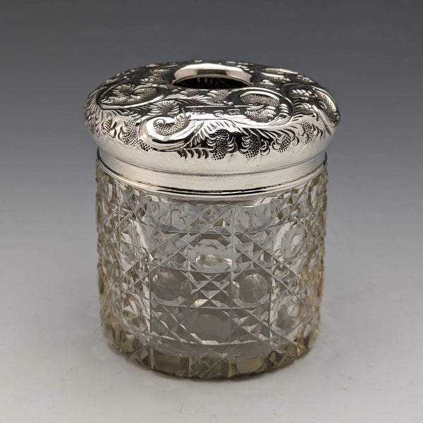 1910 British antique pure silver lid cut glass jar JH Worrall and Son