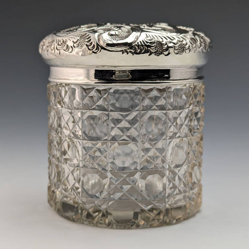 1910 British antique pure silver lid cut glass jar JH Worrall and Son