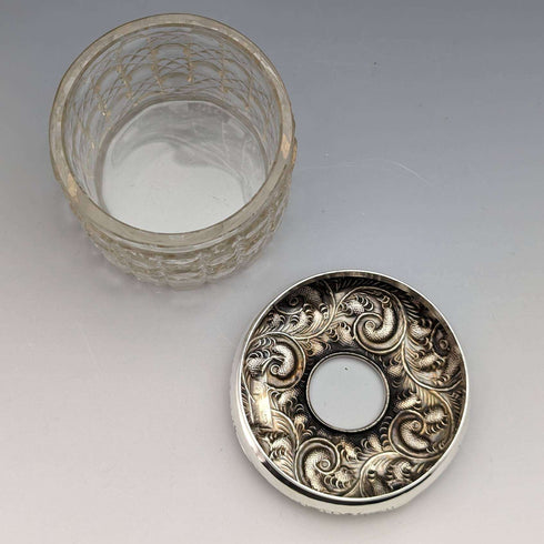 1910 British antique pure silver lid cut glass jar JH Worrall and Son