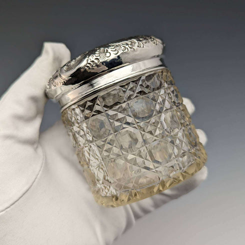 1910 British antique pure silver lid cut glass jar JH Worrall and Son