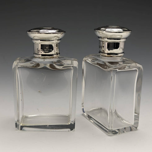 1915 British antique pure silver lid glass bottle pair Walker and Hall