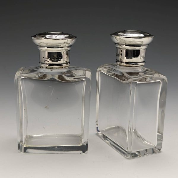 1915 British antique pure silver lid glass bottle pair Walker and Hall