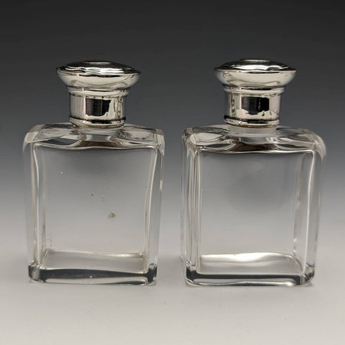 1915 British antique pure silver lid glass bottle pair Walker and Hall