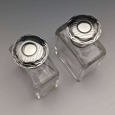 1915 British antique pure silver lid glass bottle pair Walker and Hall