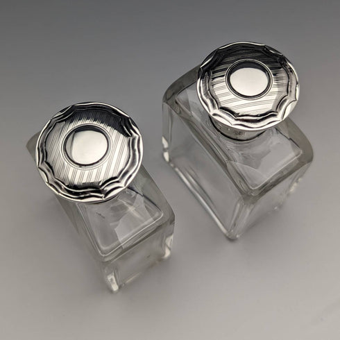 1915 British antique pure silver lid glass bottle pair Walker and Hall