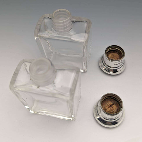 1915 British antique pure silver lid glass bottle pair Walker and Hall
