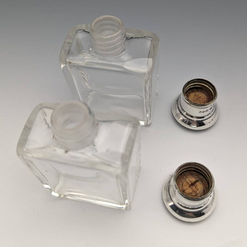 1915 British antique pure silver lid glass bottle pair Walker and Hall