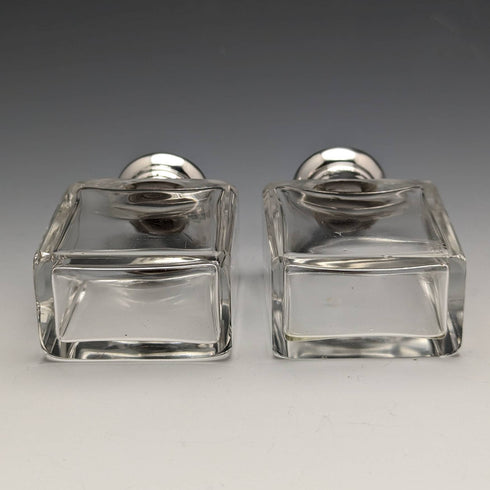 1915 British antique pure silver lid glass bottle pair Walker and Hall