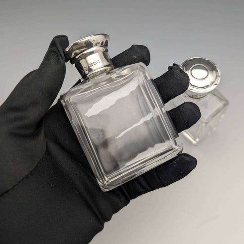 1915 British antique pure silver lid glass bottle pair Walker and Hall