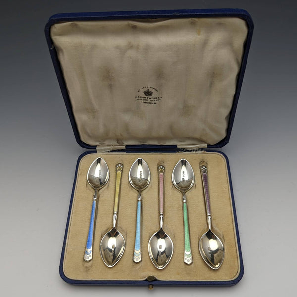 1929 English Vintage Sterling Silver Teaspoon Set of 6 in Case Mappin and Webb