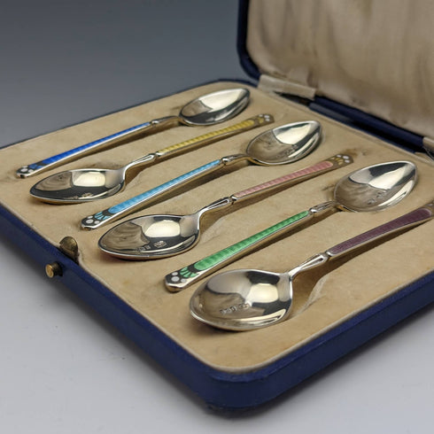 1929 English Vintage Sterling Silver Teaspoon Set of 6 in Case Mappin and Webb