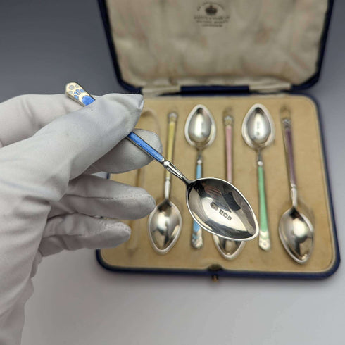 Juego de 6 cucharillas de té de plata de ley vintage británicas de 1929, en estuche, Mappin and Webb