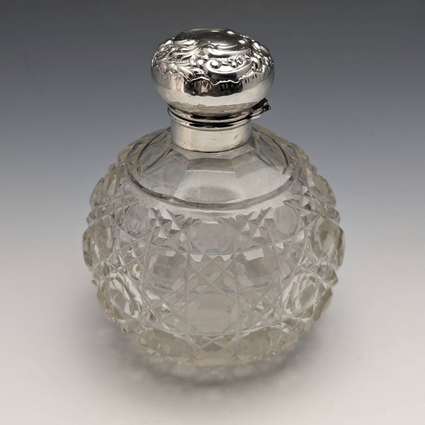 1908 British Antique Cut Glass Perfume Bottle Sterling Silver Lid Levi & Salaman