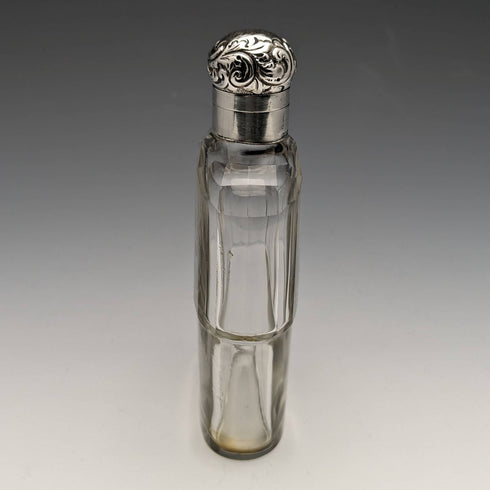 Frasco de cristal antiguo británico de 1900, tapa de plata de ley, R W Forsyth
