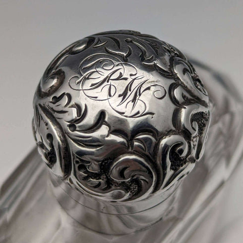 Frasco de cristal antiguo británico de 1900, tapa de plata de ley, R W Forsyth