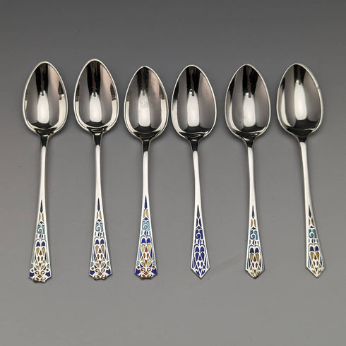 1930s British Vintage Sterling Silver Enameled Teaspoon Set of 6