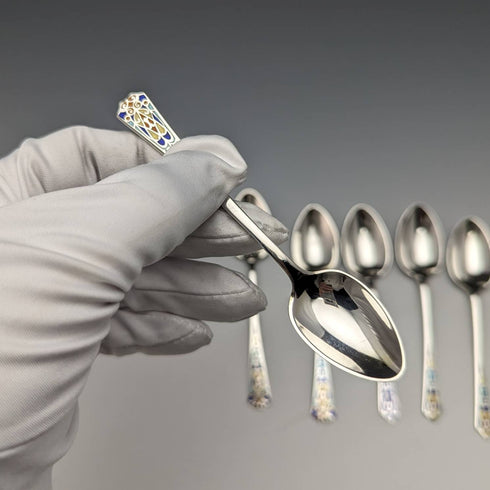 1930s British Vintage Sterling Silver Enameled Teaspoon Set of 6