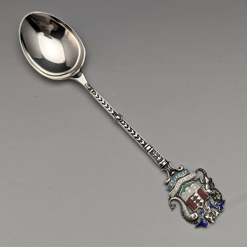 Cuchara de recuerdo de plata de ley con decoración de esmalte, vintage británica de 1938