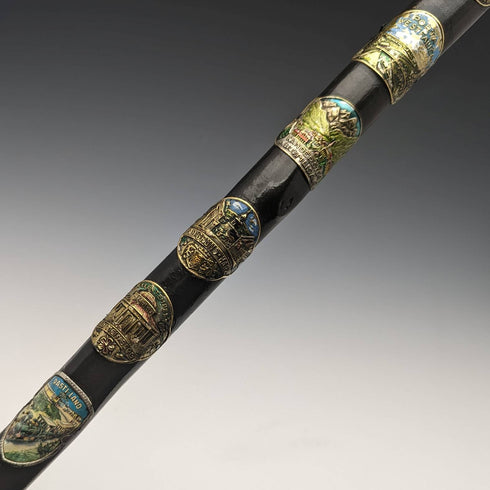 ヴィンテージ 紳士用大型ステッキ 杖 ヨーロッパ周遊バッジ 曲がりハンドル 94cm