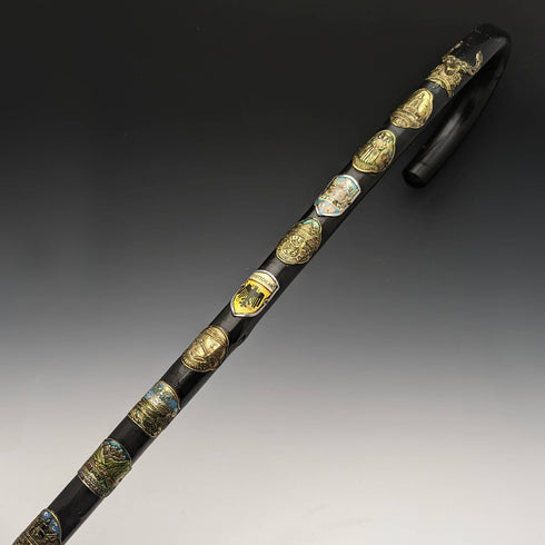 ヴィンテージ 紳士用大型ステッキ 杖 ヨーロッパ周遊バッジ 曲がりハンドル 94cm