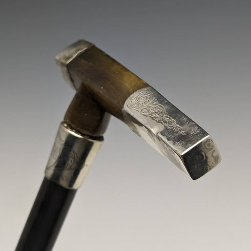 英国アンティーク 紳士用 バンブーステッキ 杖 純銀装飾 ホーンクラッチハンドル 91cm