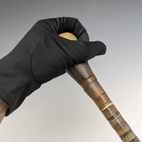 Antique British gentleman's walking stick, multi-coloured horn shaft, round handle, 85cm