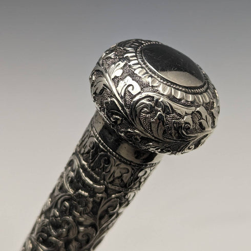 Early 20th Century British Antique Gentleman's Buanbrella Black Sterling Silver Engraved Handle 93cm