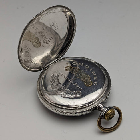 1921年頃 アンティーク ロンジン 懐中時計 ニエロ装飾銀側ケース 動作良好
