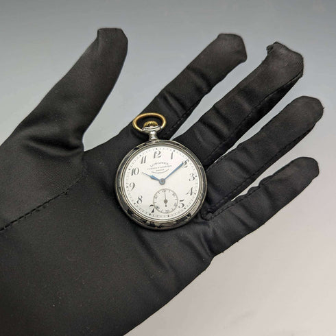 Around 1921 Antique Longines pocket watch Niello decorated silver side case Works well