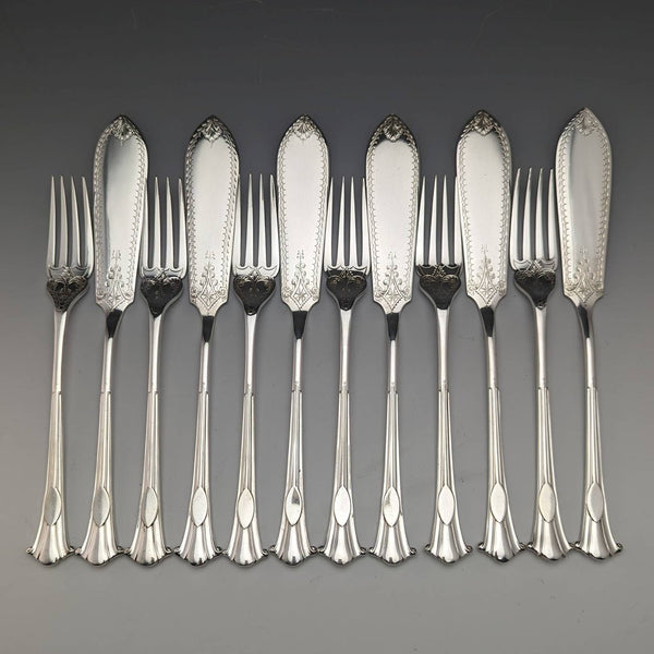 Around 1885 British antique silver plate fish cutlery 6 pair set Mappin and Webb