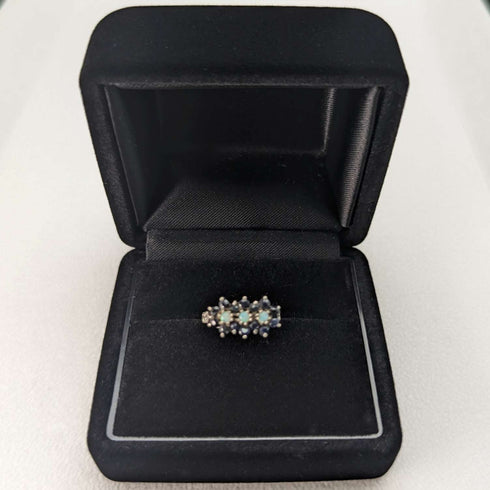 British vintage jewelry dark blue stone & opal 3-row flower silver ring (size 8-9)