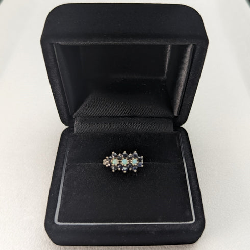 英國復古珠寶深藍色寶石和蛋白石三花銀戒指(8-9 號)戒指