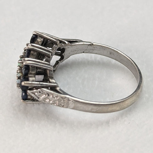 British vintage jewelry dark blue stone & opal 3-row flower silver ring (size 8-9)