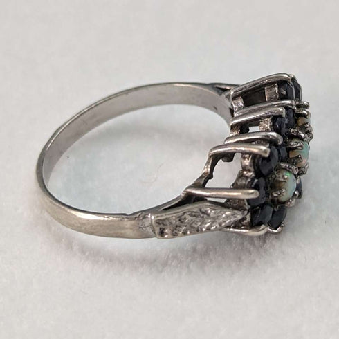 British vintage jewelry dark blue stone & opal 3-row flower silver ring (size 8-9)