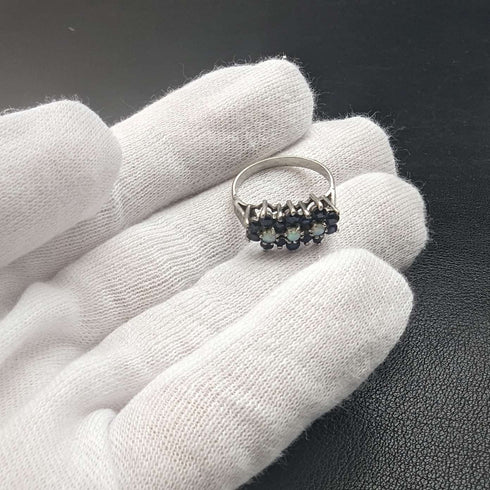British vintage jewelry dark blue stone & opal 3-row flower silver ring (size 8-9)