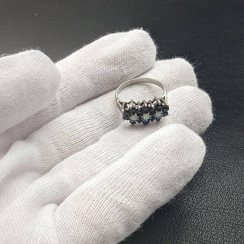 英國復古珠寶深藍色寶石和蛋白石三花銀戒指(8-9 號)戒指