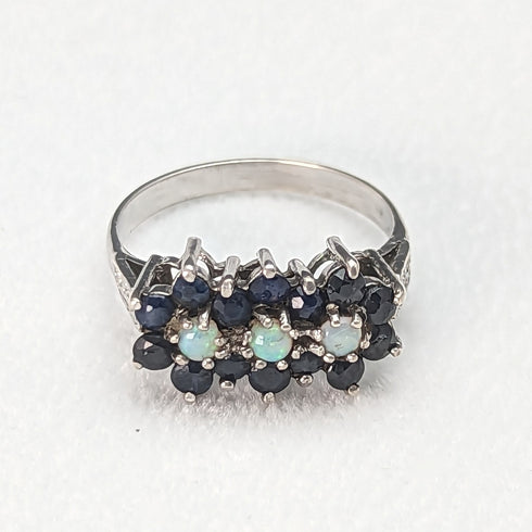 英國復古珠寶深藍色寶石和蛋白石三花銀戒指(8-9 號)戒指