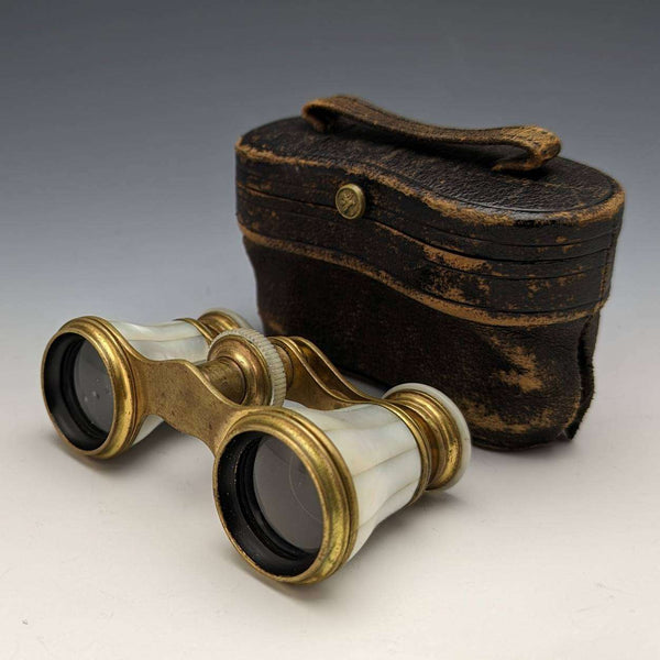 French antique mother-of-pearl decorated opera glasses binoculars with case Verne