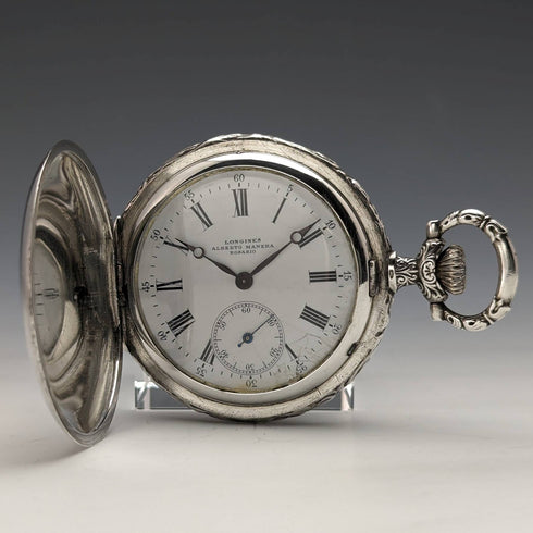 Around 1909 Antique Longines pocket watch Relief engraving Hunter case on silver side Works well