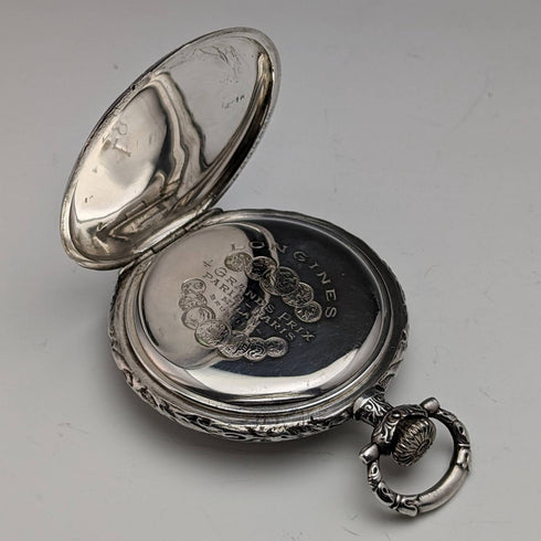 Around 1909 Antique Longines pocket watch Relief engraving Hunter case on silver side Works well