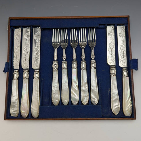 Around 1880 British Antique White Pearl Shell Handle Pure Silver Blade Cutlery 5 Pairs Martin Hall