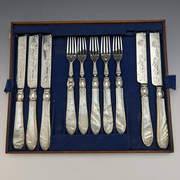 Around 1880 British Antique White Pearl Shell Handle Pure Silver Blade Cutlery 5 Pairs Martin Hall