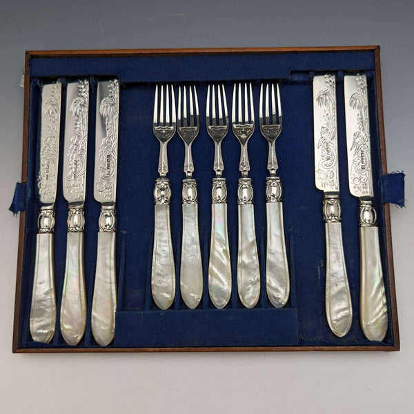 1880 年左右英國古董白色珍珠貝柄純銀刀片餐具 5 對 Martin Hall