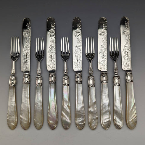 Around 1880 British Antique White Pearl Shell Handle Pure Silver Blade Cutlery 5 Pairs Martin Hall